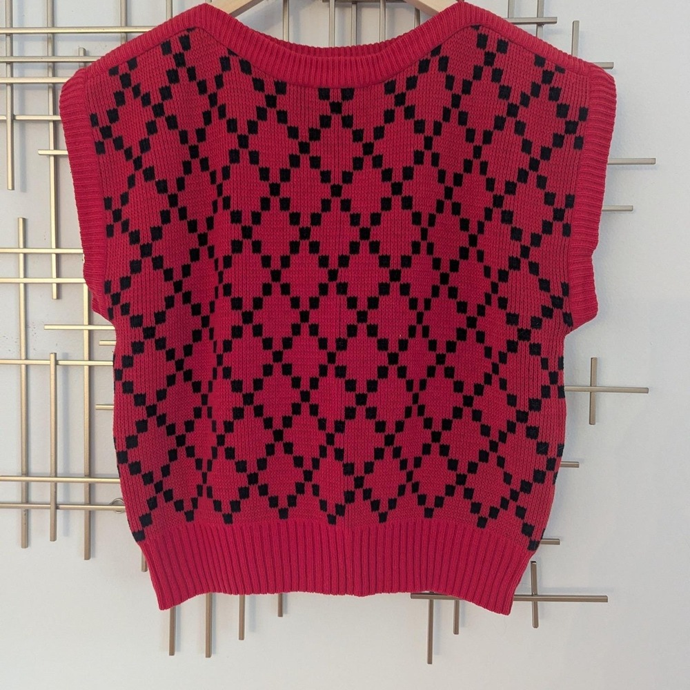 Vtg 80s Sweater Vest Red Black Diamond Geometric Lg Grunge Punk Academia Indie